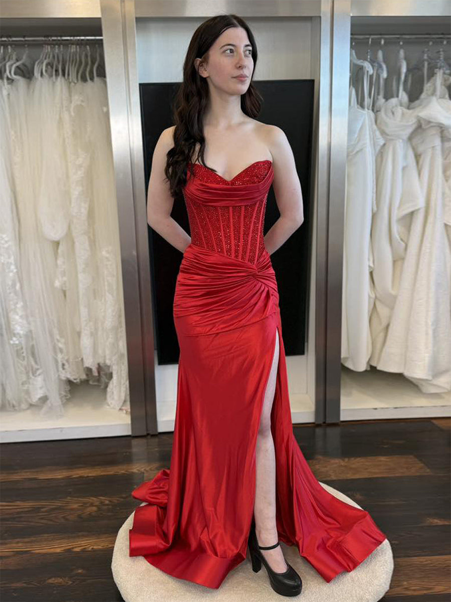 Red Strapless Corset Beaded Bodice Prom Dress with High Slit - VelvetHem
