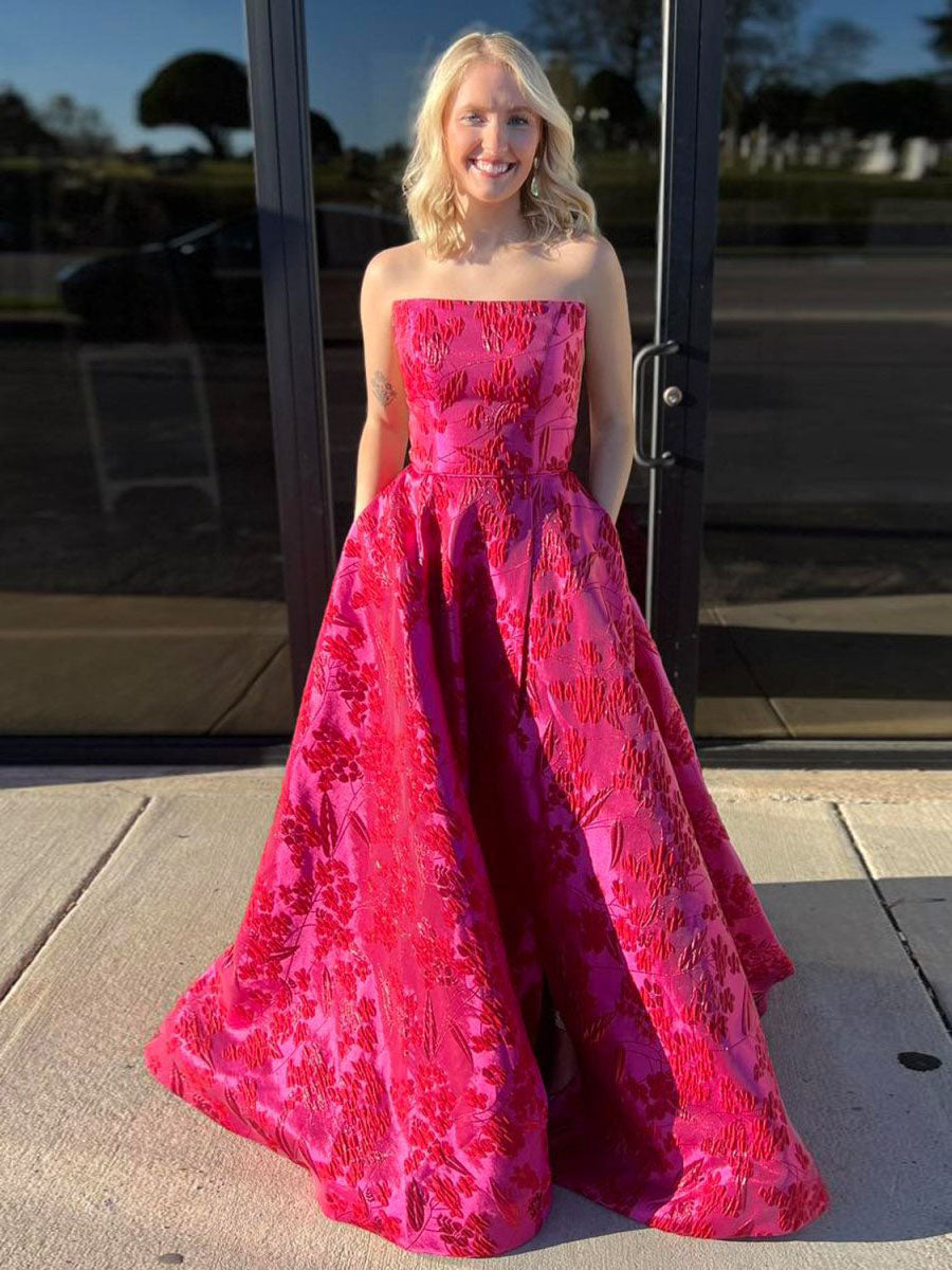 Red Strapless Jacquard Satin Long Prom Dress with Pockets - VelvetHem
