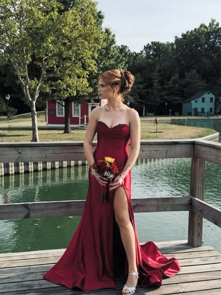 Red Strapless Sweetheart Satin Long Prom Dress with Slit - VelvetHem