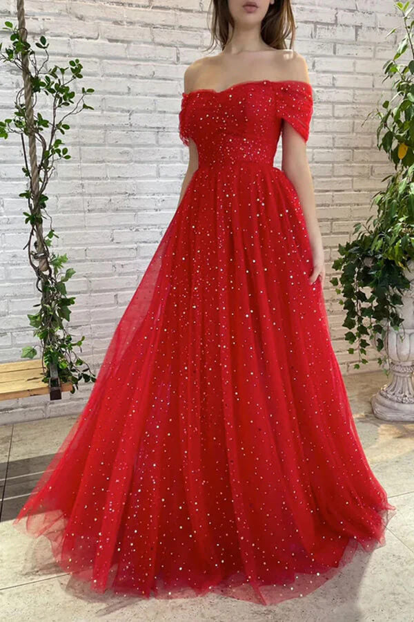 Tulle Off-the-Shoulder Long Prom Dresses, A-line Evening Gowns - VelvetHem