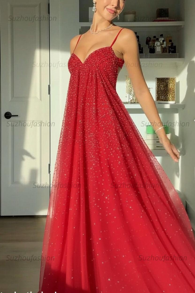 Suzhoufashion Bling A Line Spaghetti Straps Grey Blue Long Party Dress With Beading Formal Evening Gown