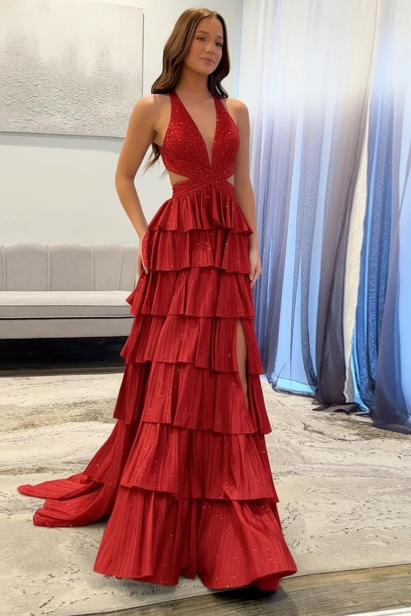 Halter Silver Prom Dress Tiered A-Line Long Formal Dress With Slit