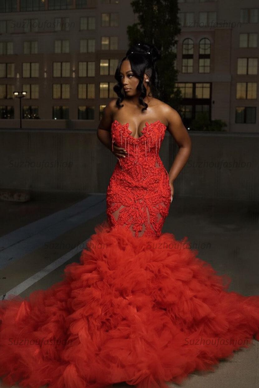 Mermaid Sweetheart Prom Dress Ruffled Sleeveless Formal Evening Gown with Rhinestones and Beadings