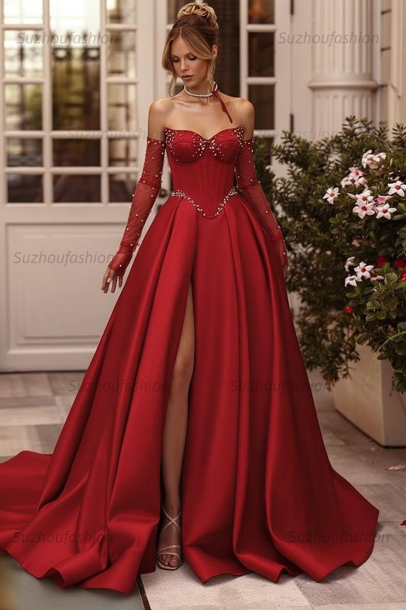 Lilac Prom Dress Beaded A Line Sweetheart Corset Evening Dress with Slit