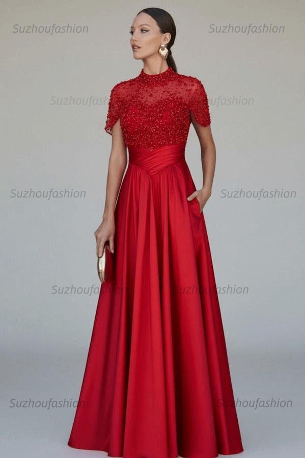 High Neck Short Sleeves Long Evening Formal Dress With Beading Pockets