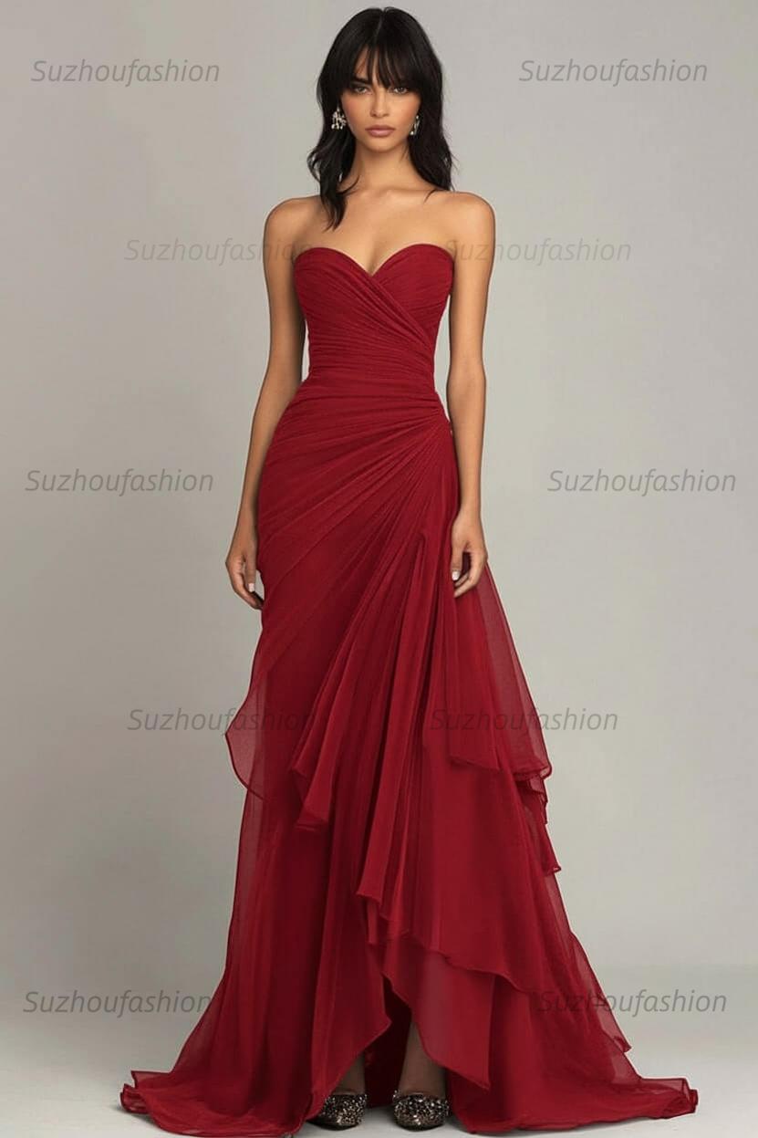 Elegant Sweetheart Ruched Dark Brown Long Formal Dress With Ruffles