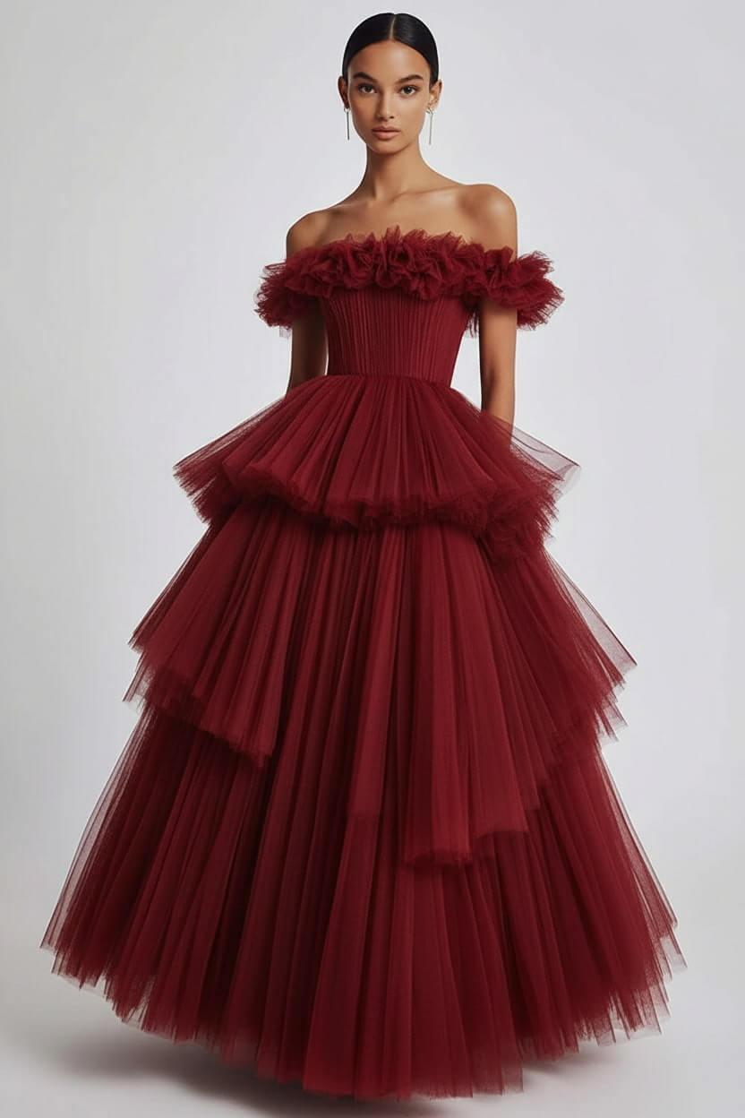 Dusty Sage Prom Dress Tulle Off The Shoulder Ball Gown Formal Dress With Ruffles