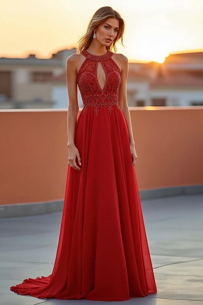 Beaded Navy Wedding Guest Dress Halter Long Formal Dress With Embroideries