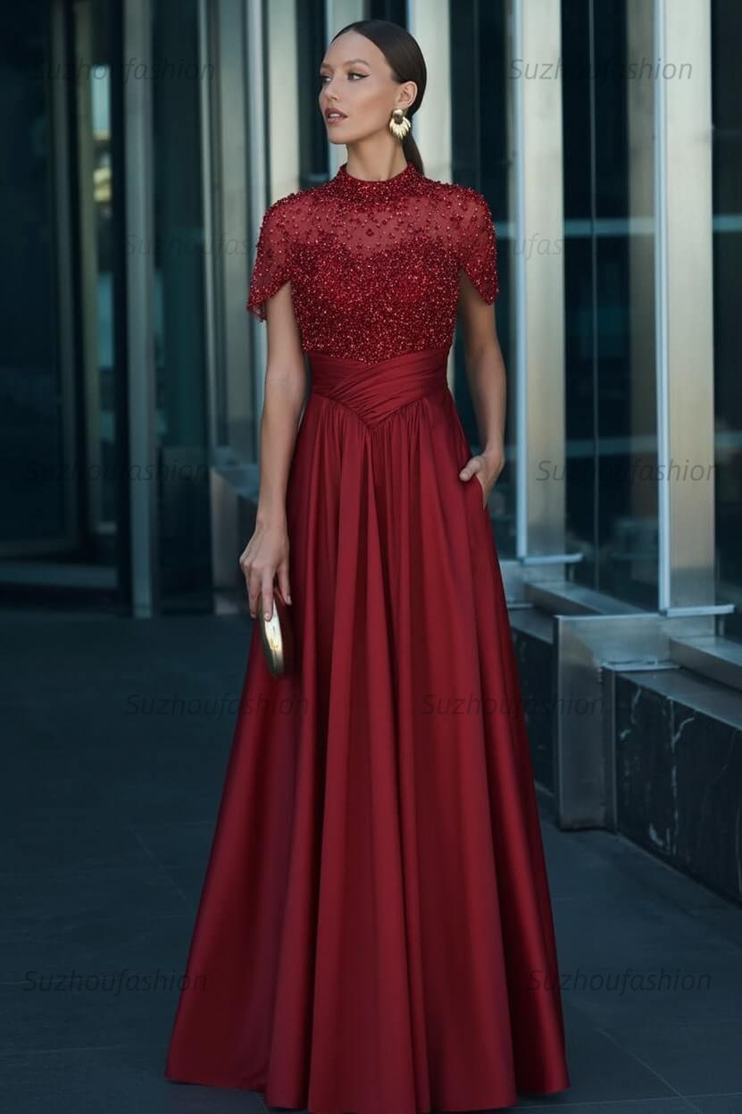 High Neck Short Sleeves Long Evening Formal Dress With Beading Pockets