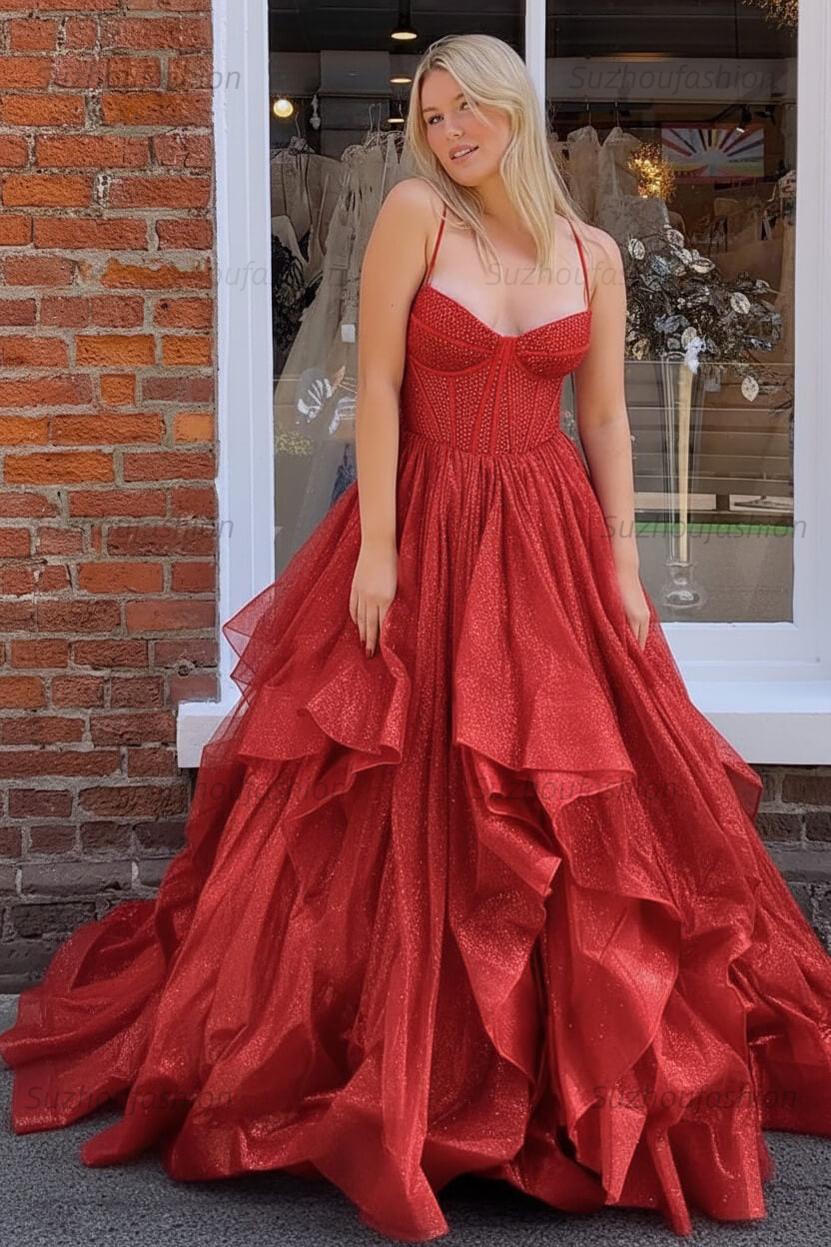 Dark Green A Line Long Corset Prom Dress With Ruffles