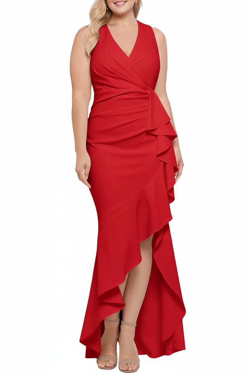 V Neck Sleeveless Plus Size Long Sheath Column Mother of the Bride Dress with Ruffles