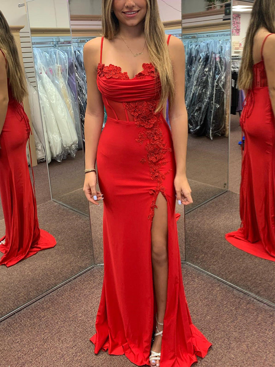 Red Spaghetti Straps Appliques Long Prom Dress with Slit - VelvetHem