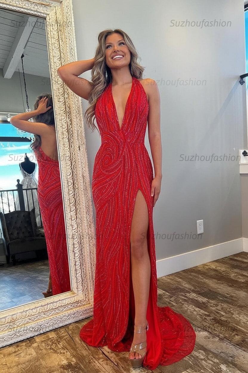 Halter Prom Dress Pink and Orange Mermaid Evening Dress with Slit