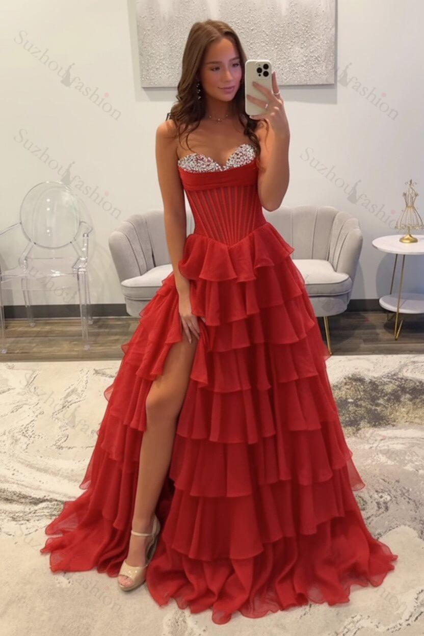 Ruffled Black Prom Dress A Line Corset Long Formal Dress With Beadings