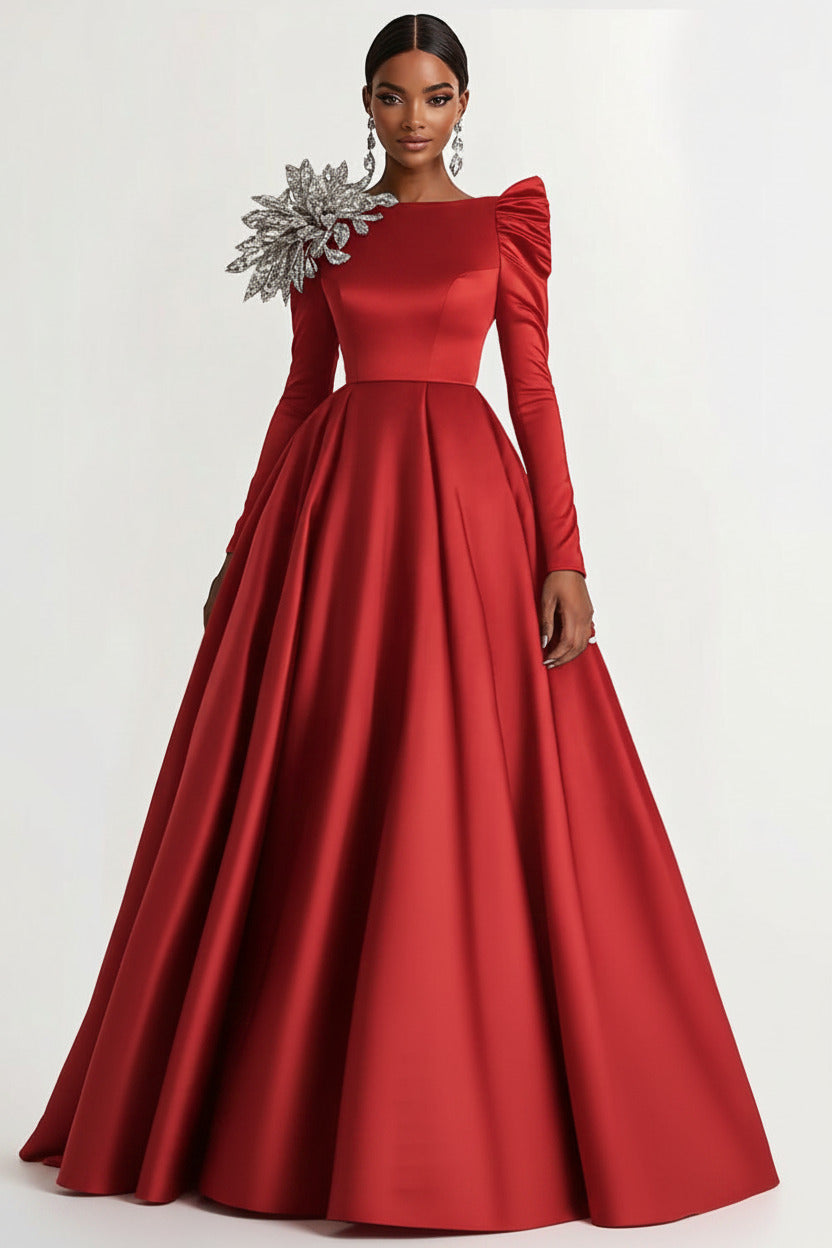 A-Line Long Black Wedding Guest Dress Satin Boat Neck Formal Dress With Long Sleeves