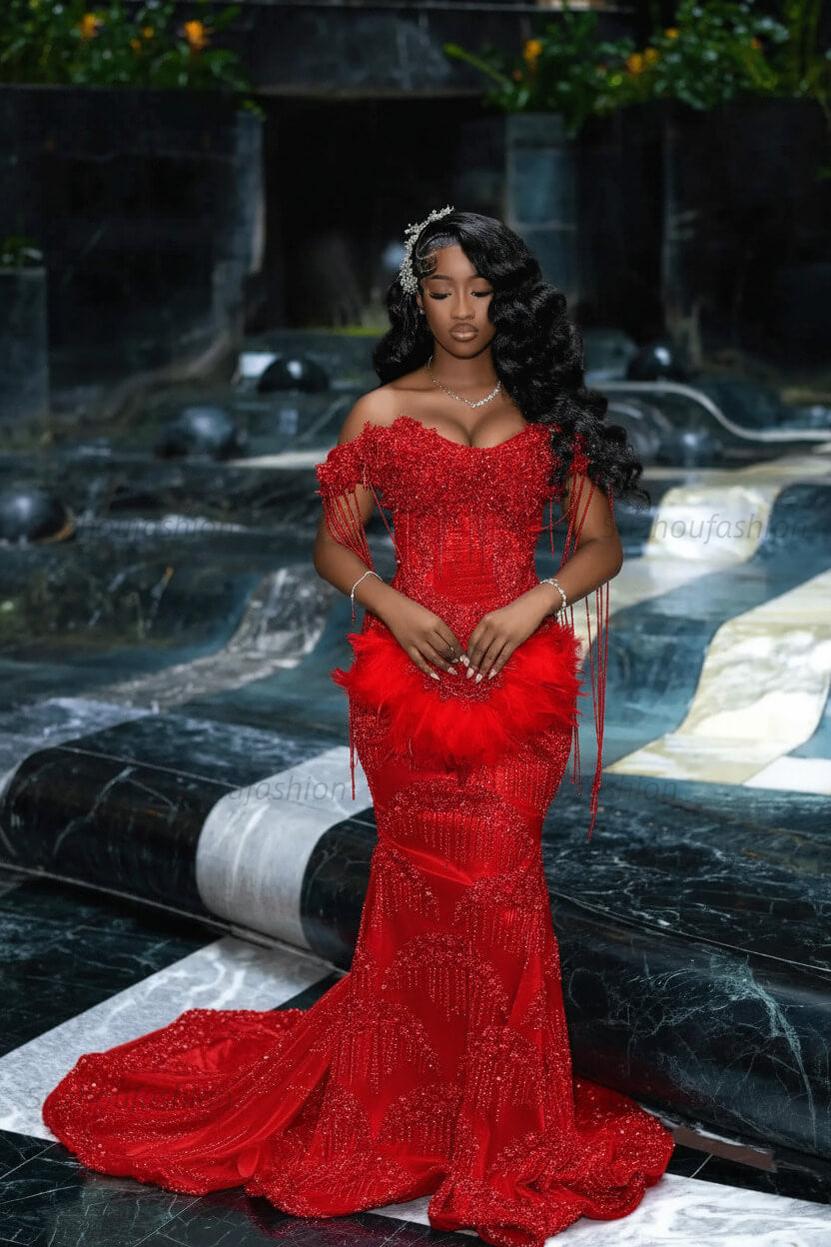Off the Shoulder Prom Dress Mermaid Formal Evening Dress with Beadings and Rhinestones
