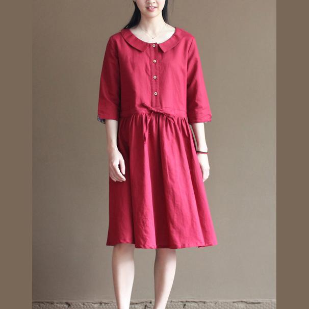 Red linen sundress half sleeve fit flare dresses