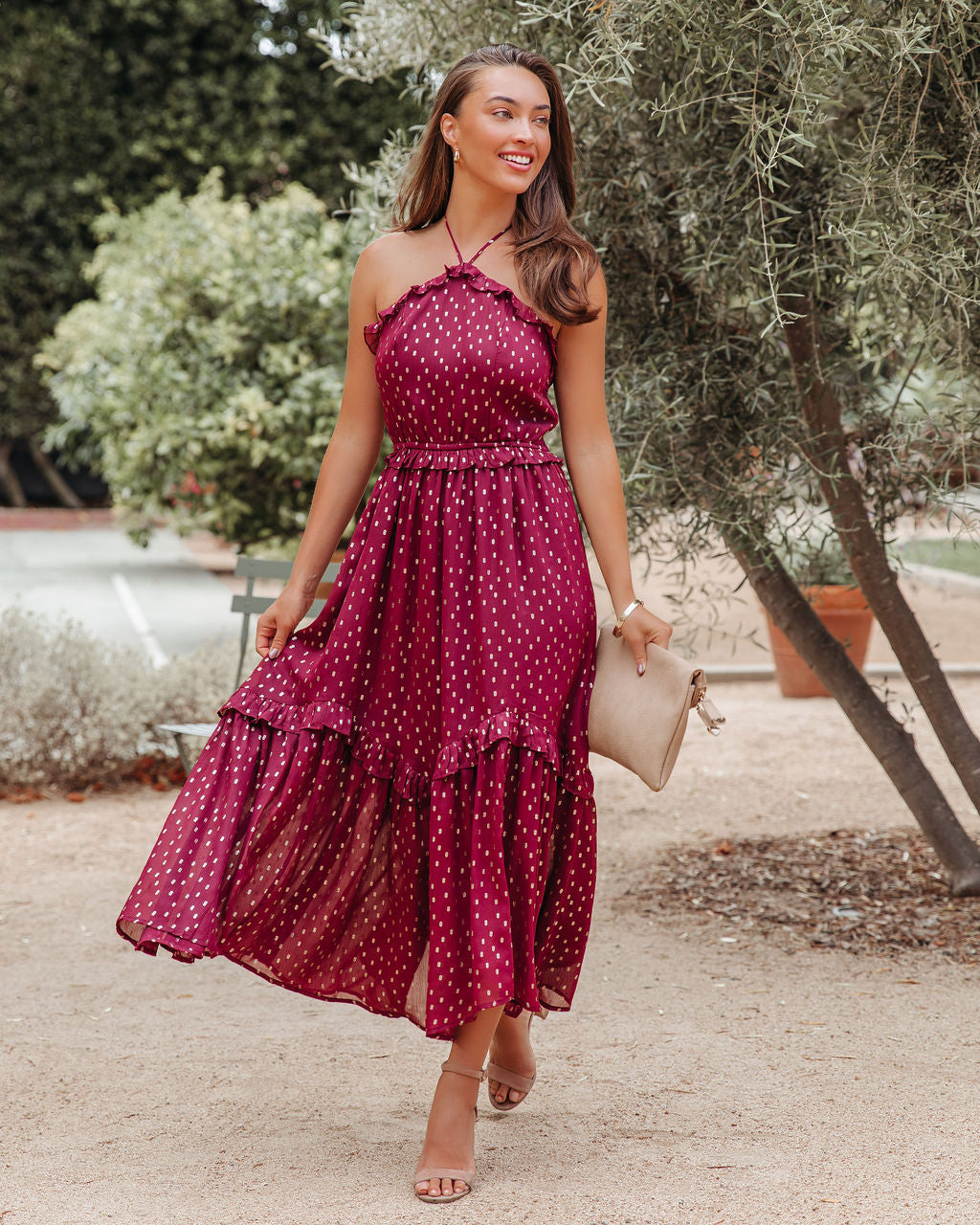 Remarkable Metallic Detailed Halter Midi Dress Wine FINAL