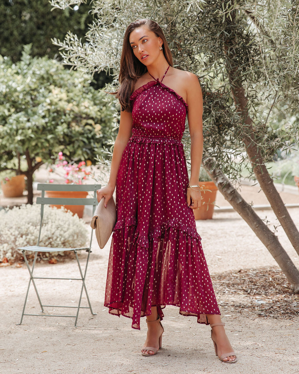 Remarkable Metallic Detailed Halter Midi Dress Wine FINAL