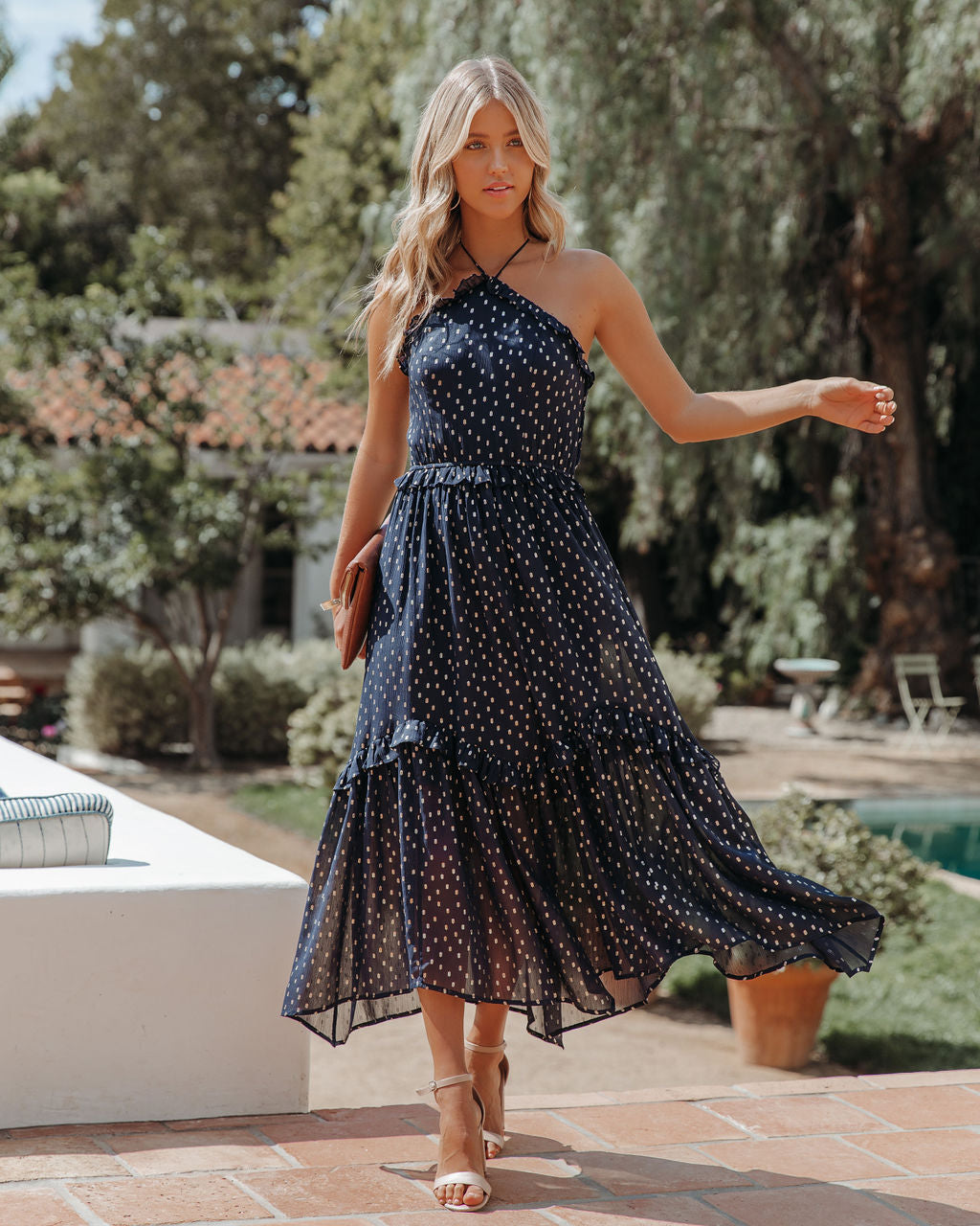 Remarkable Metallic Detailed Halter Midi Dress Navy FINAL