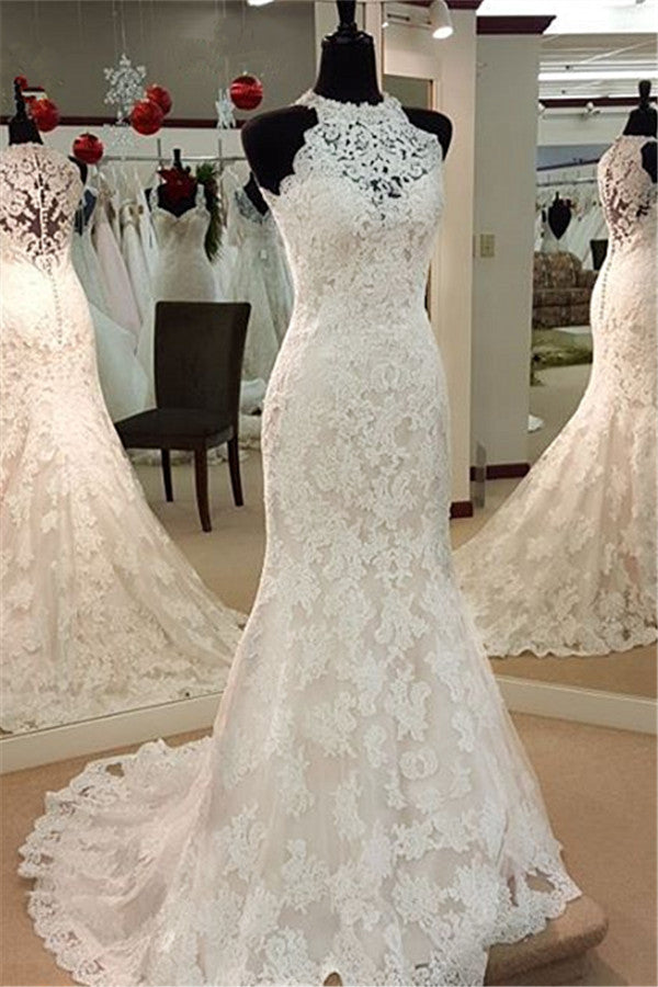 Retro High Neck Mermaid Lace Beach Wedding Dresses Sleeveless Vintage Beach Bridal Dress BA3705
