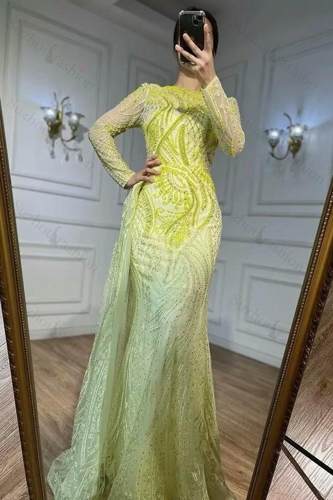 Retro Long Sleeve Blue Prom Dress Beaded Mermaid Bateau Neck Evening Formal Dress