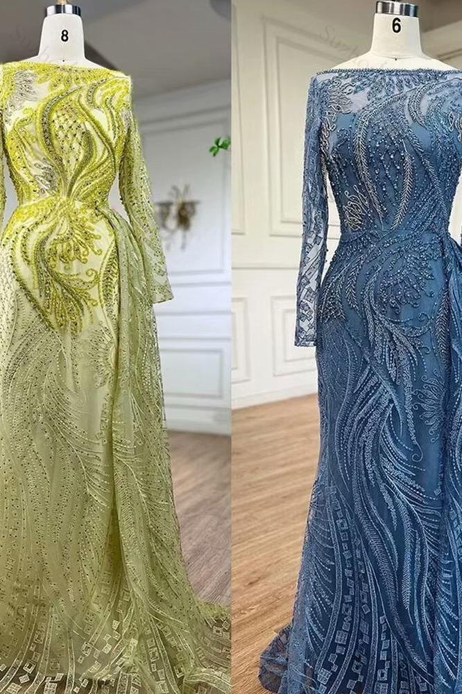 Retro Long Sleeve Blue Prom Dress Beaded Mermaid Bateau Neck Evening Formal Dress