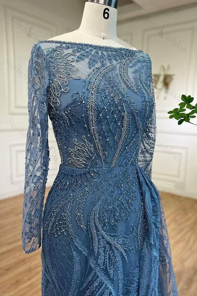 Retro Long Sleeve Blue Prom Dress Beaded Mermaid Bateau Neck Evening Formal Dress