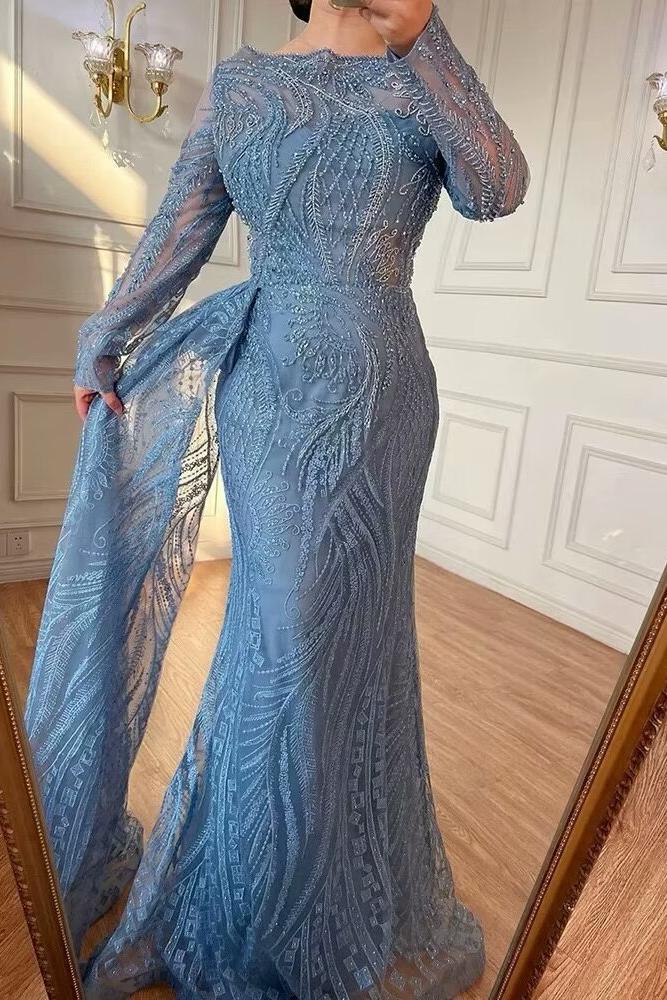 Retro Long Sleeve Blue Prom Dress Beaded Mermaid Bateau Neck Evening Formal Dress