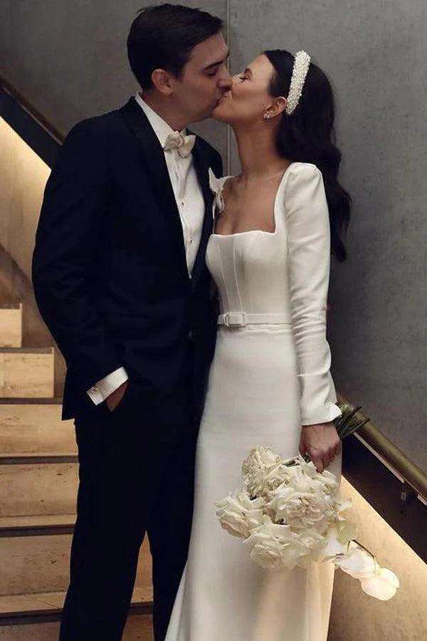 Retro Satin Long Sleeves Sweep Train Sheath Wedding Dress Bridal Gown (ZD16190) - VelvetHem