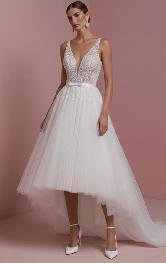 Retro Wedding Dress 1950s Style Lace Long Illusion Neckline