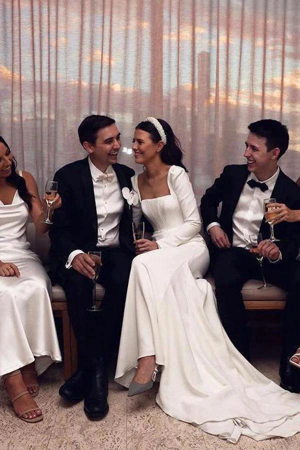 Retro Satin Long Sleeves Sweep Train Sheath Wedding Dress Bridal Gown (ZD16190)
