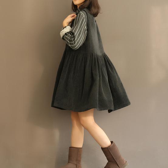 Retro black corduroy cotton spring dresses U neck strap dress sleeveless
