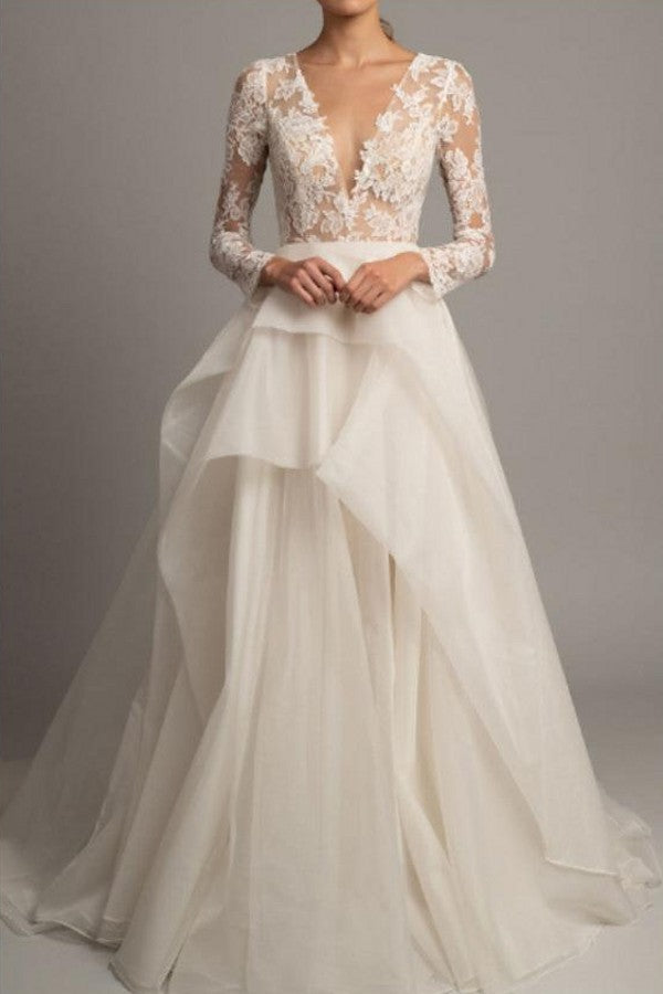 Romantic A-Line Wedding Dress V-Neck Lace Tulle Long Sleeve Sexy Backless Bridal Gowns Court Train