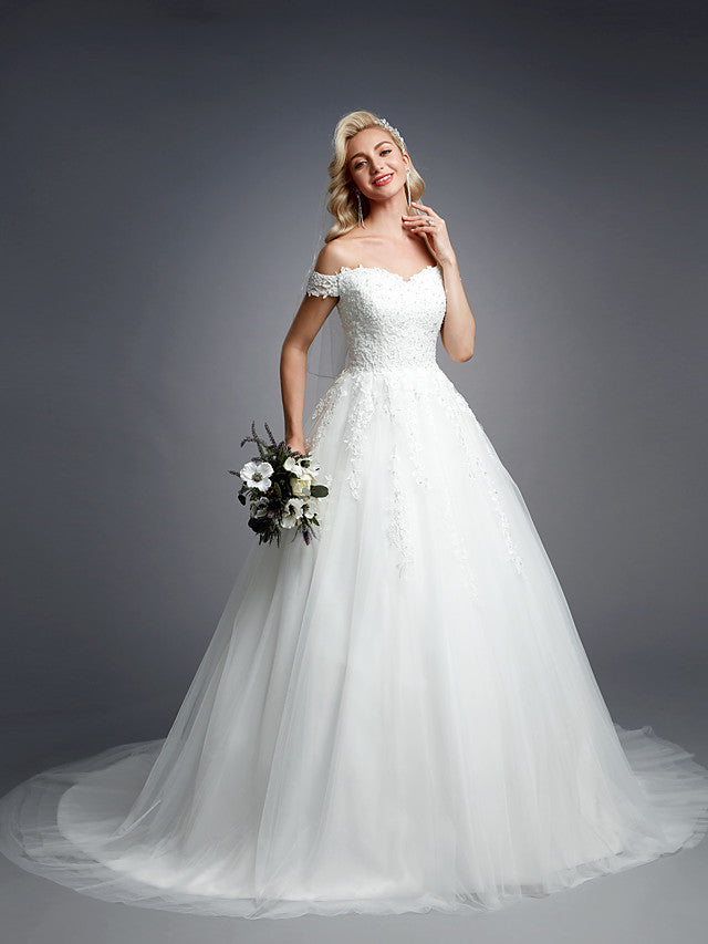 Romantic Ball Gown Wedding Dress Off Shoulder Lace Tulle Short Sleeve Sparkle & Shine Bridal Gowns with Court Train