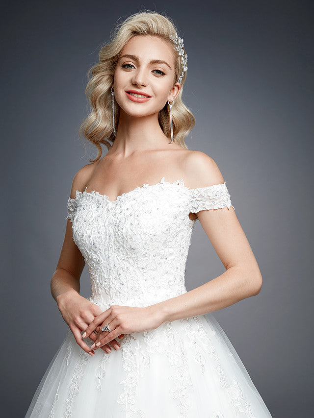 Romantic Ball Gown Wedding Dress Off Shoulder Lace Tulle Short Sleeve Sparkle & Shine Bridal Gowns with Court Train