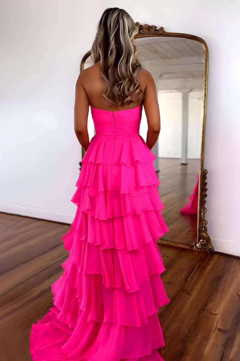 Princess Blush Prom Dress Sweetheart Ruffled Long Formal Dress With Slit