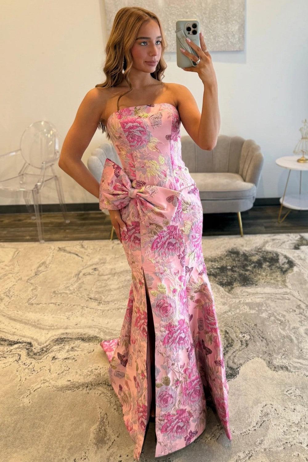 Suzhoufashion Floral Strapless Mermaid Prom Dress With Bow Detail And High Slit Formal Evening Gown
