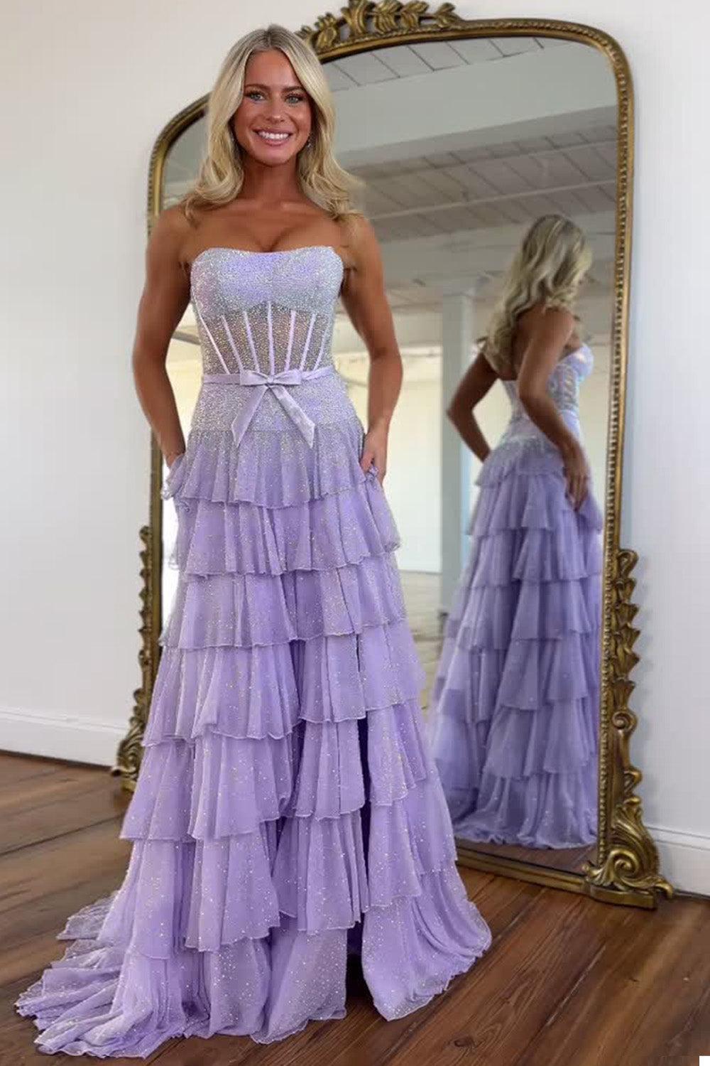 Suzhoufashion Lilac Ruffle Tiered Beaded Prom Dress With Corset Bodice Formal Evening Gown