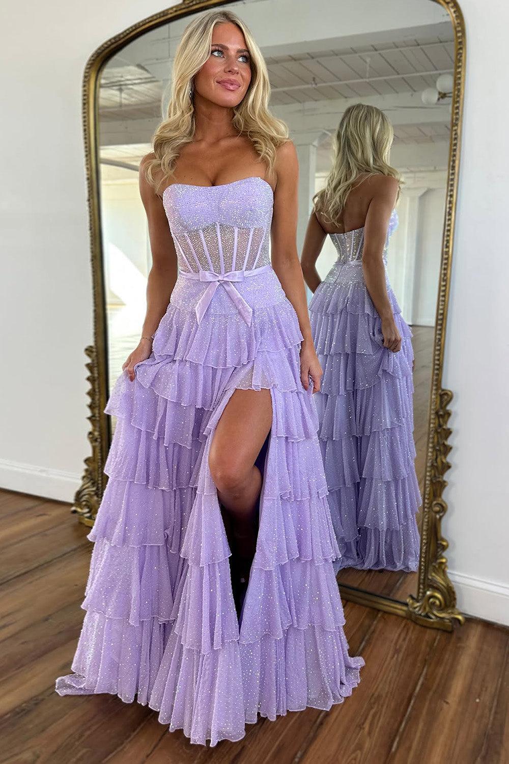 Suzhoufashion Lilac Ruffle Tiered Beaded Prom Dress With Corset Bodice Formal Evening Gown