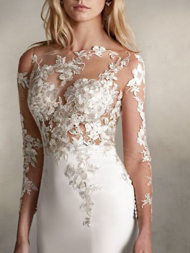 Romantic Mermaid Beach Wedding Dresses Jewel Lace Tulle Long Sleeve Sexy Bridal Gowns with Sweep Train