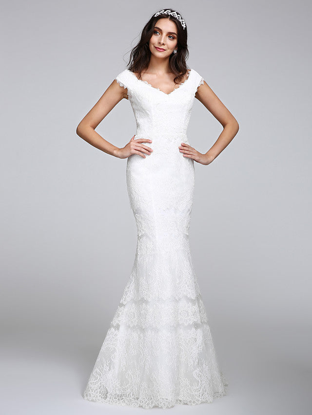 Romantic Mermaid Wedding Dress V-neck All Over Lace Cap Sleeve Sexy Backless Bridal Gowns Illusion Detail