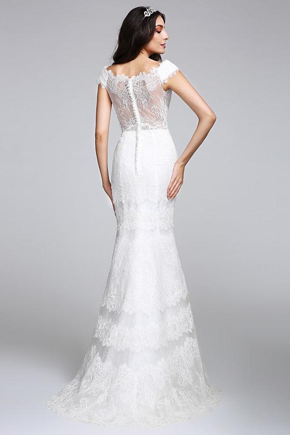 Romantic Mermaid Wedding Dress V-neck All Over Lace Cap Sleeve Sexy Backless Bridal Gowns Illusion Detail