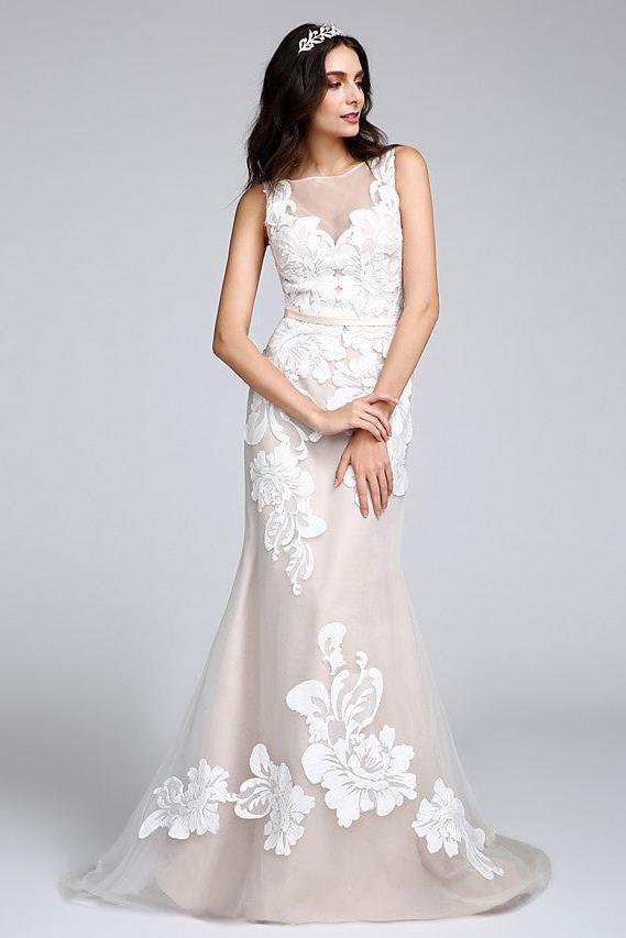 Romantic Mermaid Wedding Dresses Bateau Tulle Floral Lace Straps Boho Sexy Bridal Gowns with Sweep Train