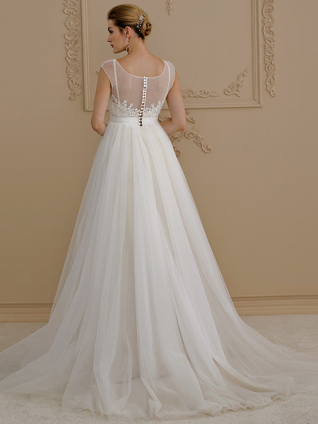 Romantic Plus Size A-Line Wedding Dress Jewel Beaded Lace Cap Sleeve Sexy Backless Bridal Gowns with Sweep Train