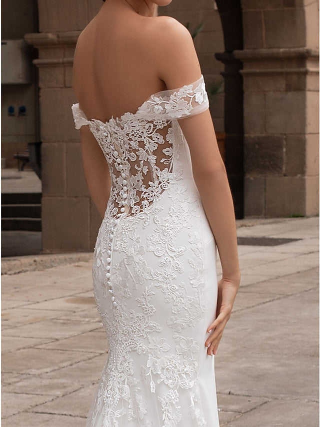 Romantic Plus Size Mermaid Beach Wedding Dress Off Shoulder Lace Satin Short Sleeve Bridal Gowns with Court Train