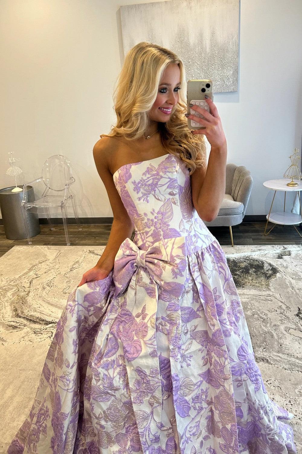 Purple Floral A-Line Strapless Long Prom Dress With Bow Formal Evening Gown