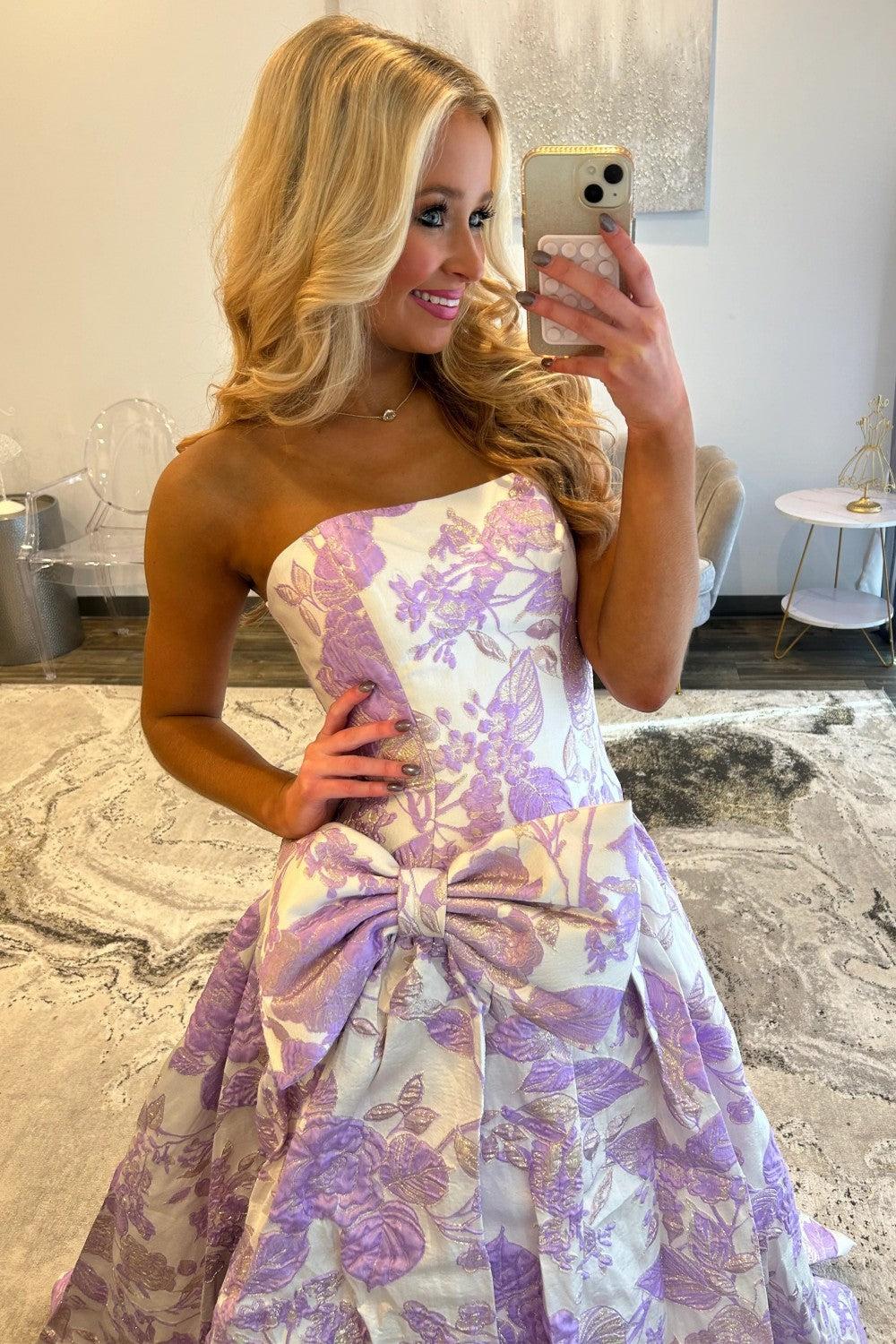Purple Floral A-Line Strapless Long Prom Dress With Bow Formal Evening Gown
