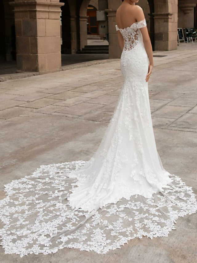 Romantic Sexy Backless Mermaid Beach Wedding Dress Off Shoulder Satin Short Sleeve Bridal Gowns with Court Train