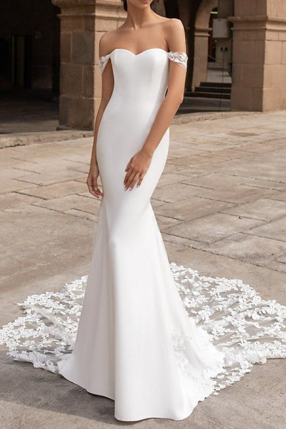 Romantic Sexy Backless Mermaid Beach Wedding Dress Off Shoulder Satin Short Sleeve Bridal Gowns with Court Train